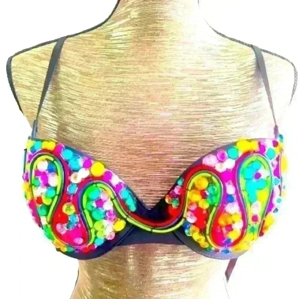 NWT Neon Nancy  Multicolored Rainbow Beaded Bra size 32B